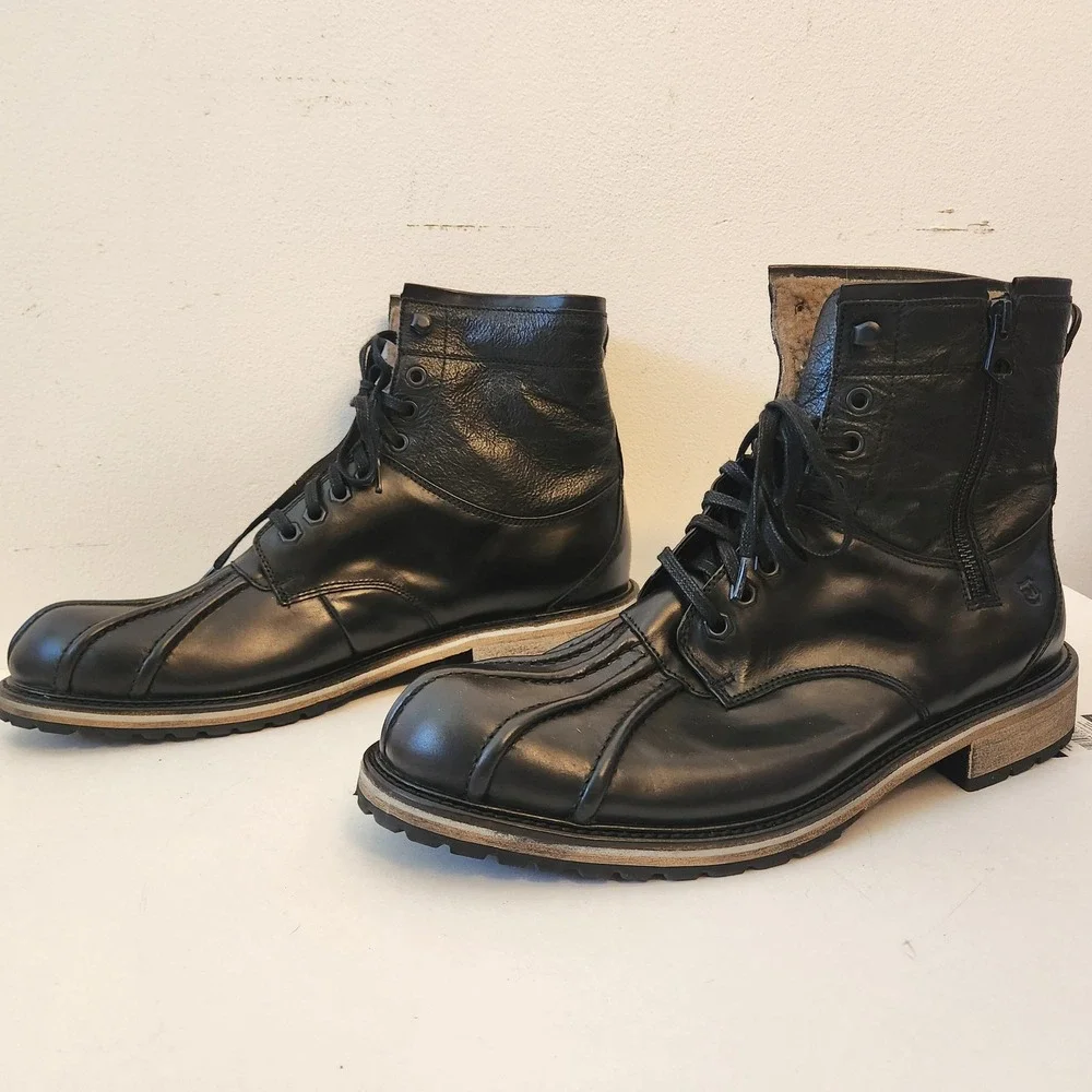 Andrew Marc AMRUTL Black Leather Faux Fur Lined Combat Boots Mens 11 USA 45 EUR